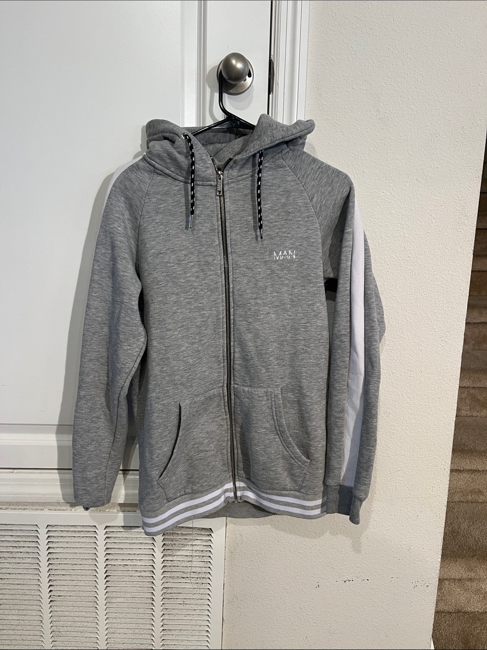 MAN Grey Zip-Up Hoodie with White Stripe